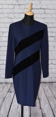 Vintage Arnold SCAASI Haute Couture Blue Wool Crepe Dress Black Velvet Size 10